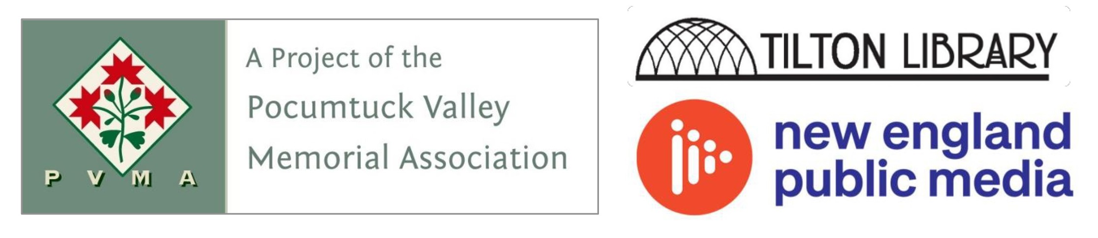 Three logos, Big Read sponsors. PVMA (A Project of the Pocumtuck Valley Memorial Association), Tilton Library, and New England Public Media